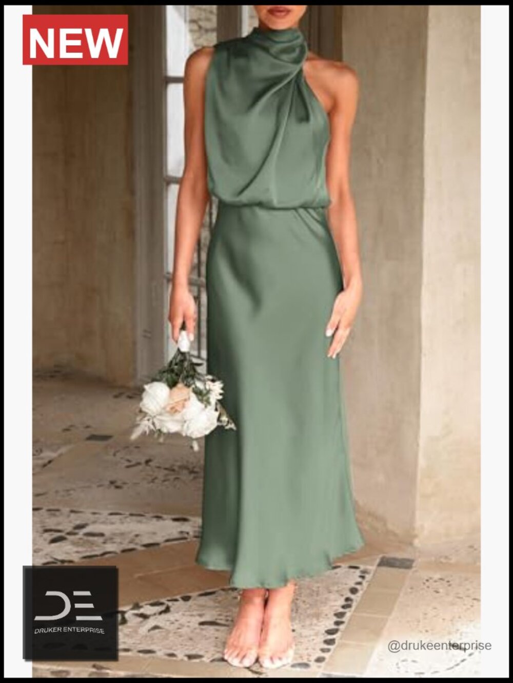 Elegant Sleeveless Mock Neck Maxi Dress with Satin Finish - Picture 3 of 7
